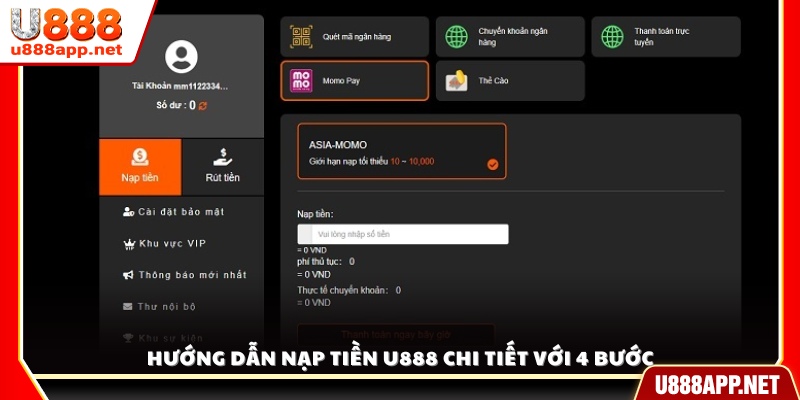 Cách nạp tiền vào U888 đơn giản chỉ trong 4 bước